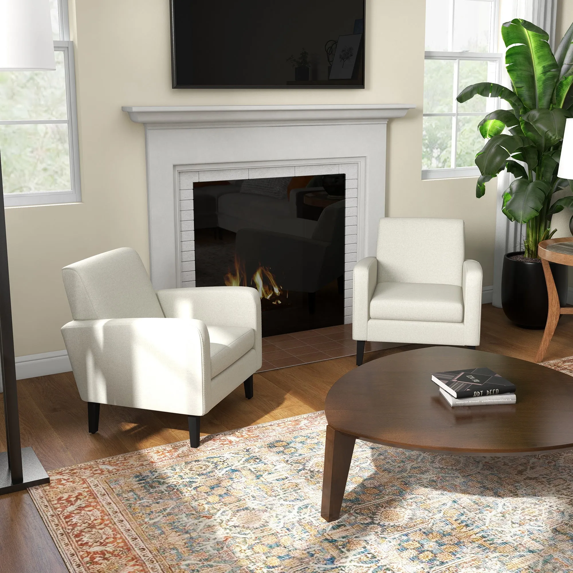 2-Piece Modern Armchairs with Rubber Wood Legs Upholstered Accent Chairs Single Sofa for Living Room Bedroom Cream White