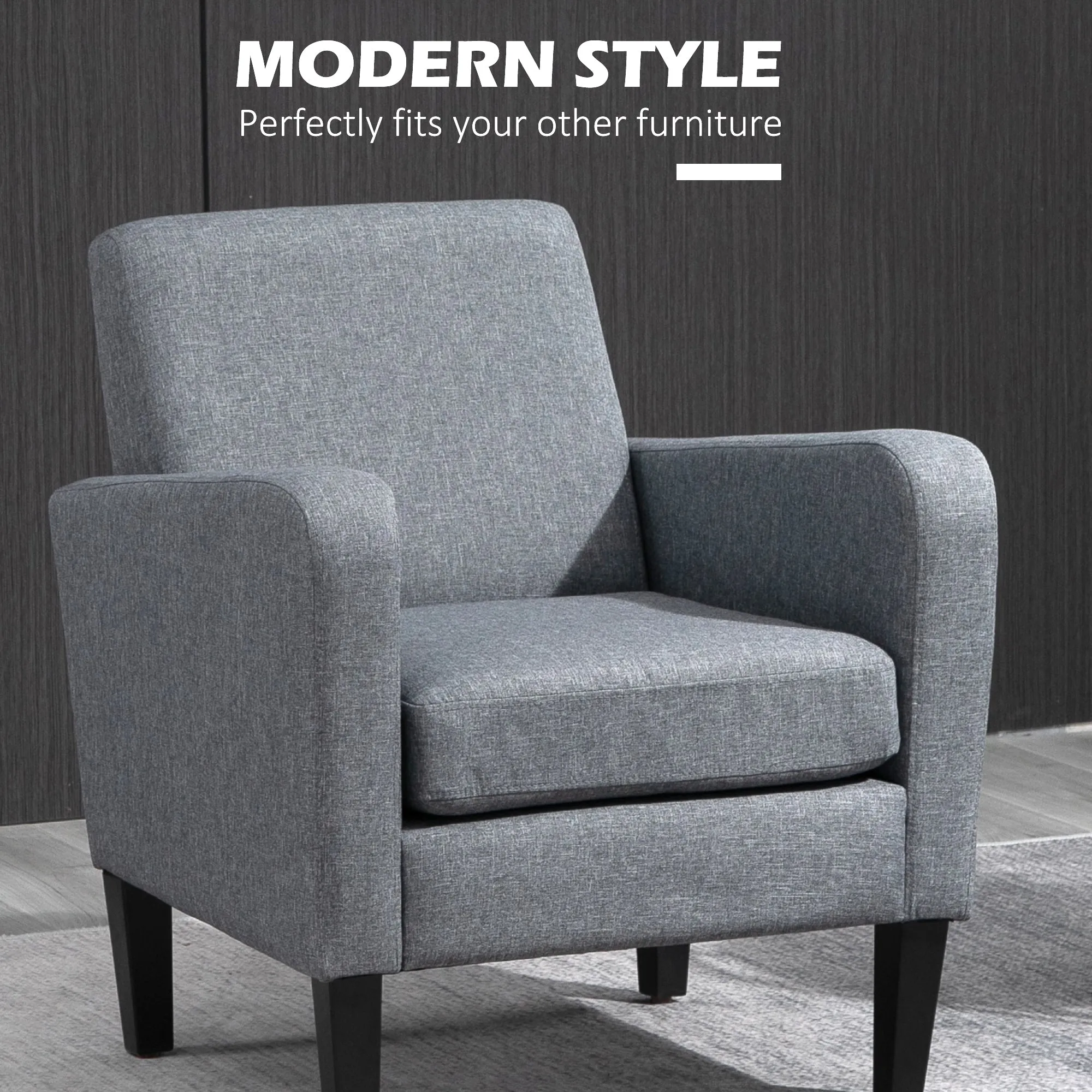 2-Piece Modern Armchairs with Rubber Wood Legs Upholstered Accent Chairs Single Sofa for Living Room Bedroom Grey