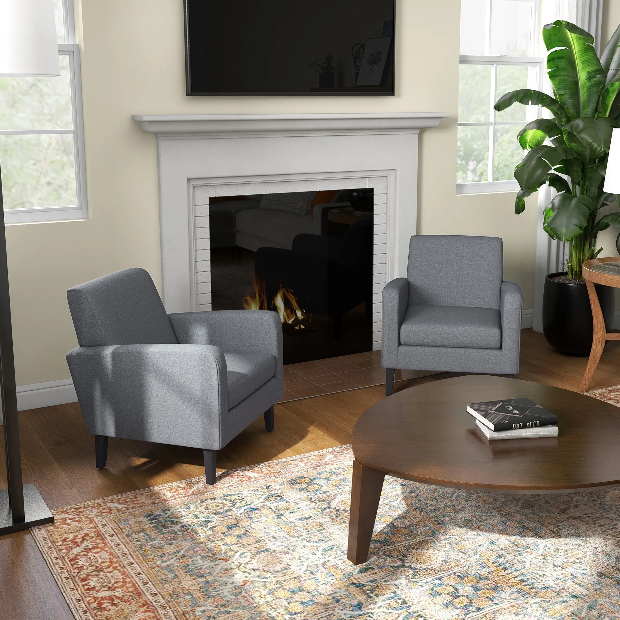 2-Piece Modern Armchairs with Rubber Wood Legs Upholstered Accent Chairs Single Sofa for Living Room Bedroom Grey