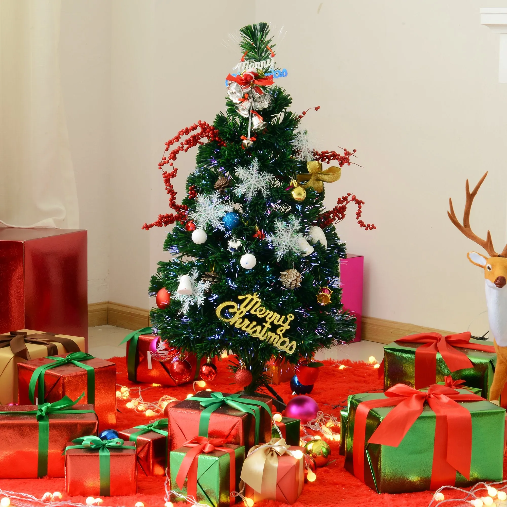 2FT Small Pre-Lit Fiber Optic Christmas Tree Artificial Spruce Tree Green
