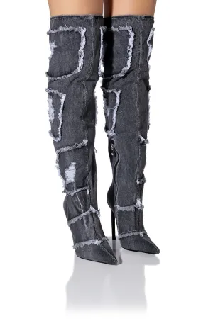 AZALEA WANG ALYSIA DENIM DISTRESSED BOOT IN DARK DENIM