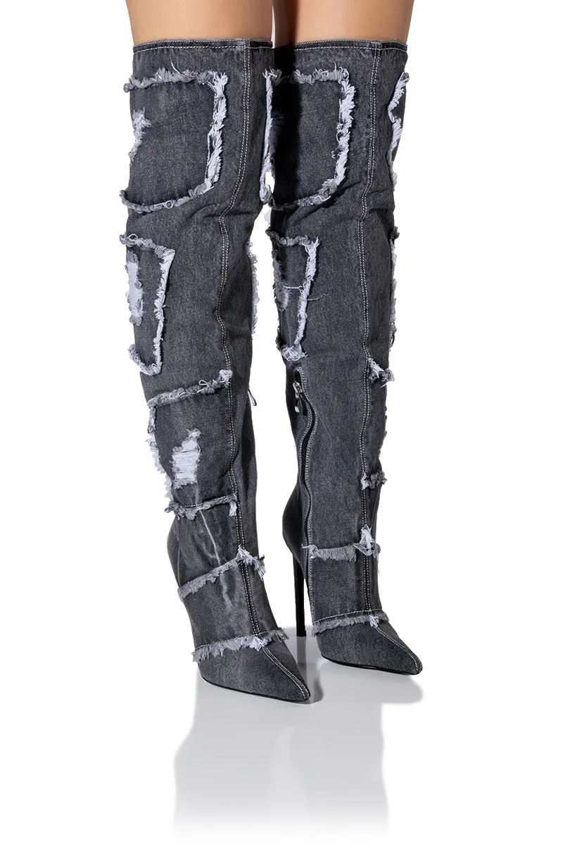 AZALEA WANG ALYSIA DENIM DISTRESSED BOOT IN DARK DENIM