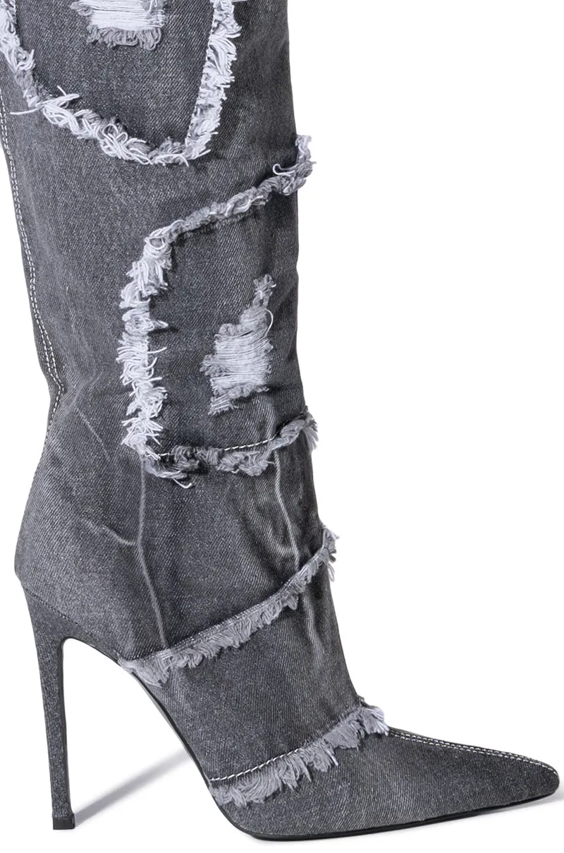 AZALEA WANG ALYSIA DENIM DISTRESSED BOOT IN DARK DENIM