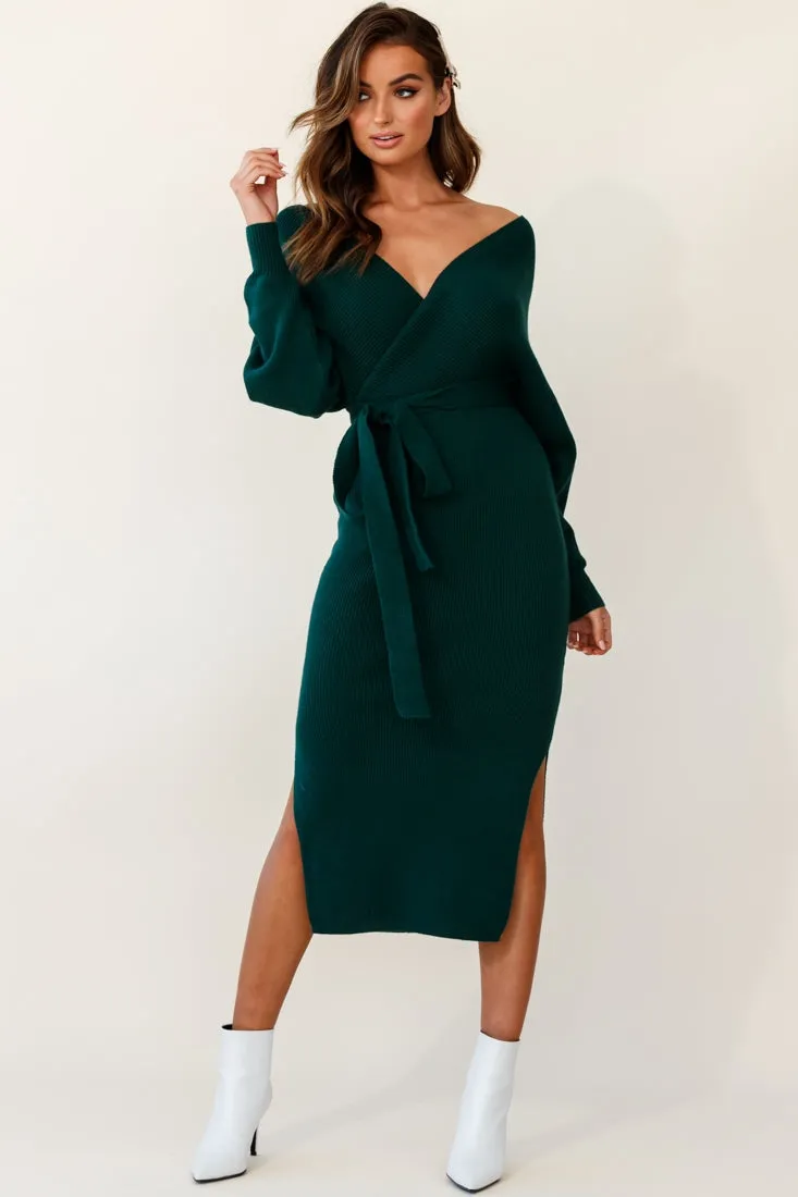 Cameo Batwing Knit Midi Dress Forest Green