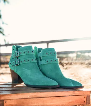 Elsa Leather Ankle Boots in Teal - Genuine Suede with Cushioned Footbed, Adjustable Buckles, Stylish Brass Grommets