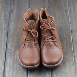 Leather Women Ankle Booties Lace-Up Casual Shoes Flats Brown/Black
