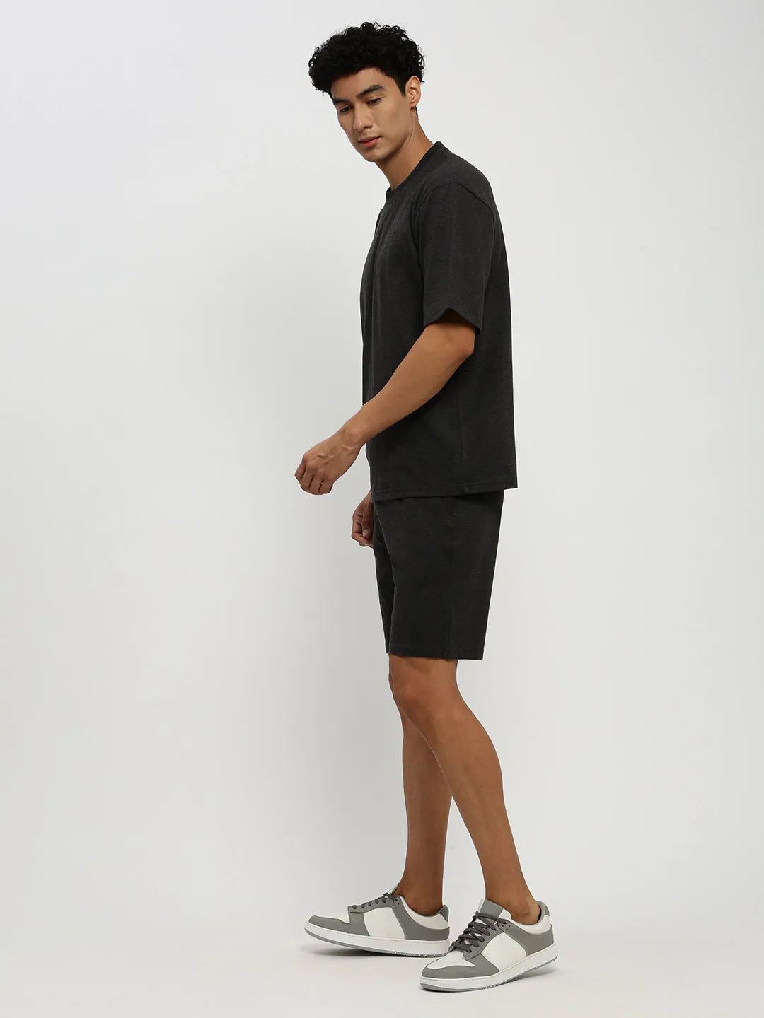 Men Dark Grey Solid Round Neck Co ords Set