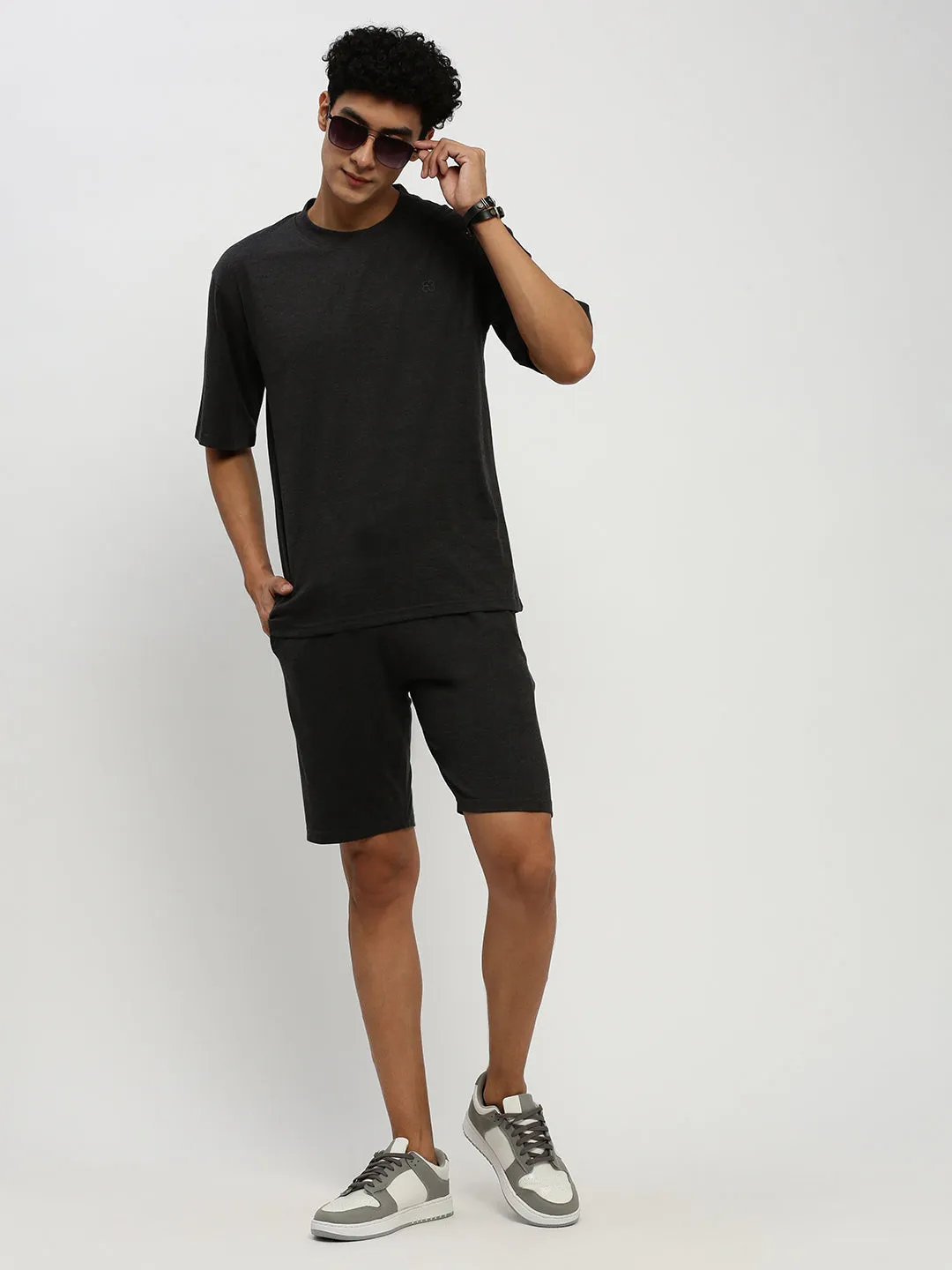Men Dark Grey Solid Round Neck Co ords Set