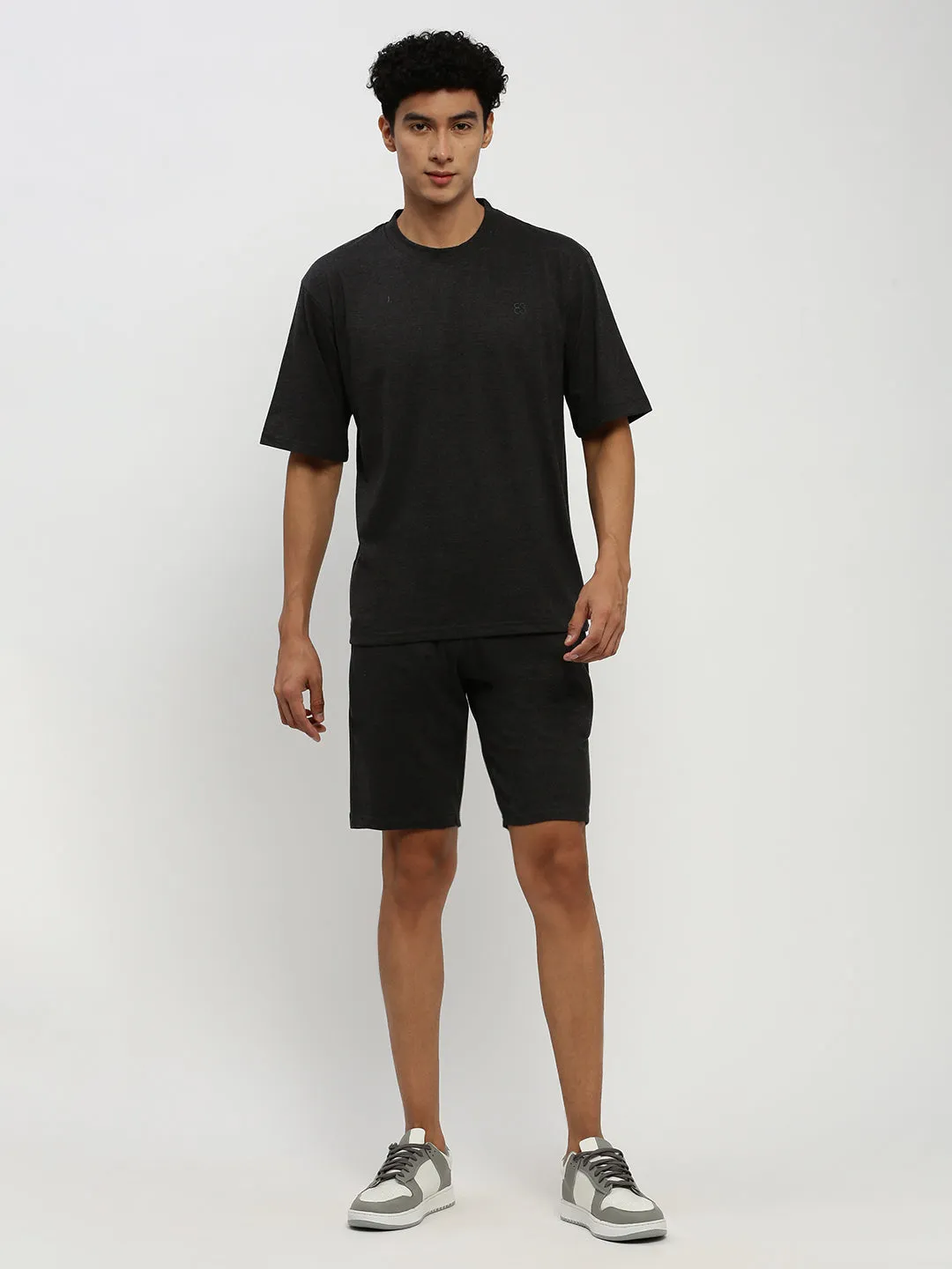 Men Dark Grey Solid Round Neck Co ords Set