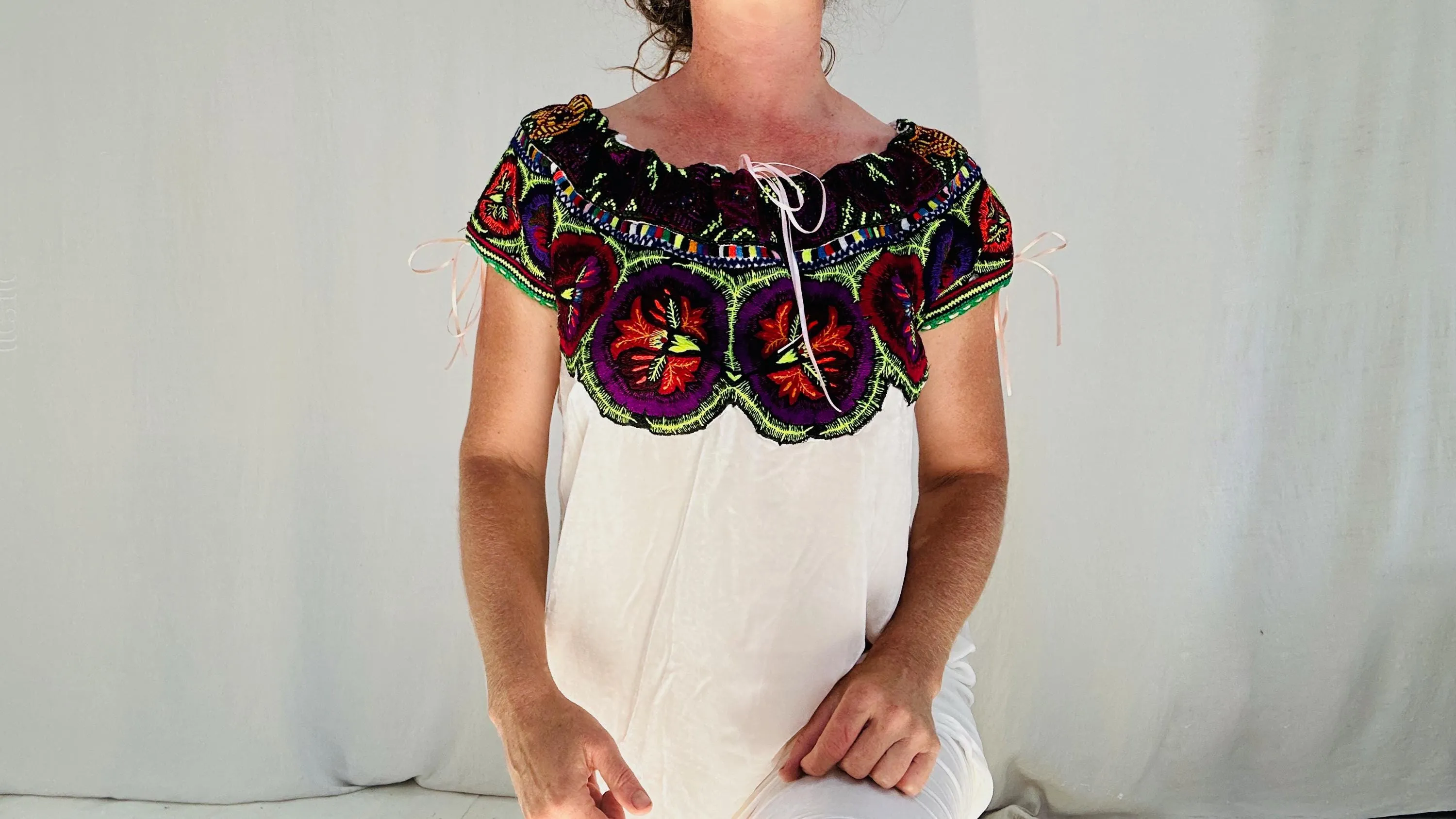 Silk Velvet Embroidered Dress. Repurposed Ocosingo Embroidery. Mayan Made Mexican Dress.