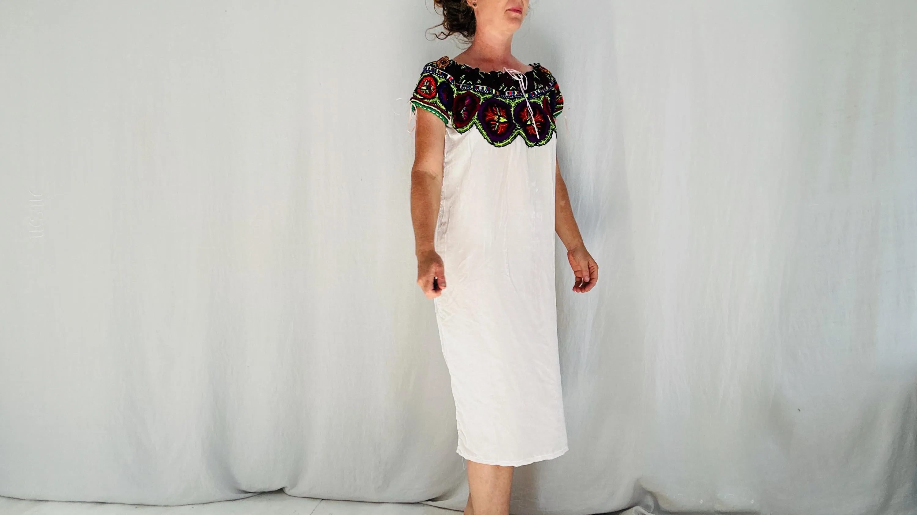 Silk Velvet Embroidered Dress. Repurposed Ocosingo Embroidery. Mayan Made Mexican Dress.