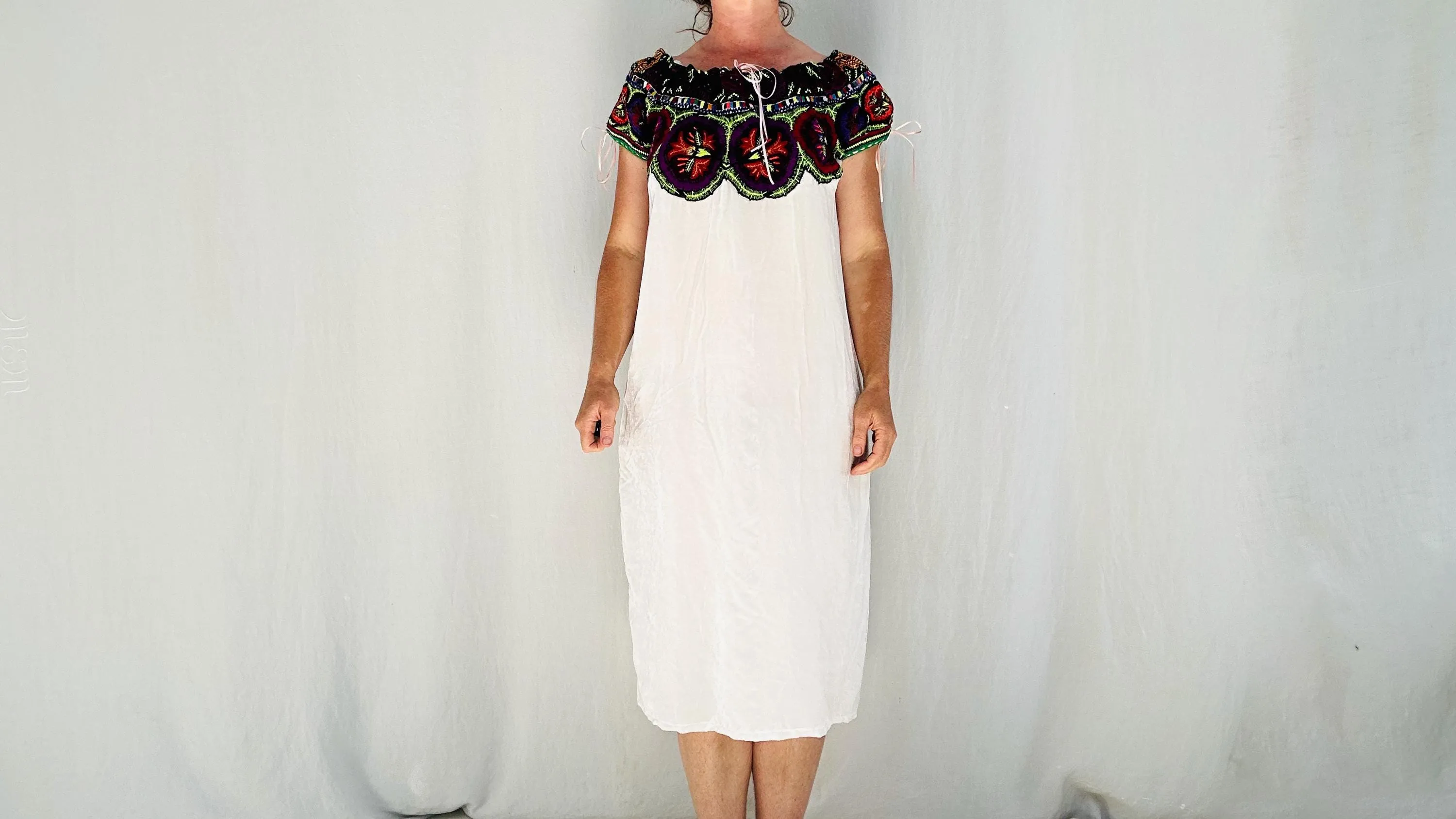Silk Velvet Embroidered Dress. Repurposed Ocosingo Embroidery. Mayan Made Mexican Dress.