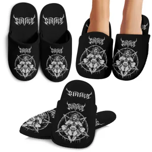 Skull Demon Satanic Baphomet Goat Satanic Pentagram Chained To Sin And Lovin It Cozy House Slippers